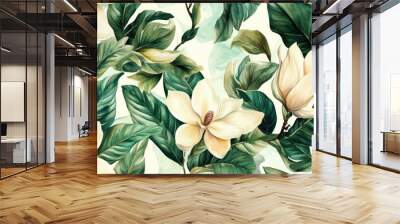 Hand painted watercolor botanical leaves pattern featuring a seamless tropical design ideal for interior and textile applications showcasing magnolia flowers Wall mural