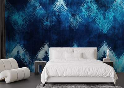 Ikat pattern featuring a dark design with Mayan influences ceremonial tile style seamless tie dye batik watercolor print splashed banner indigo colors and African inspired textured artwork Wall mural