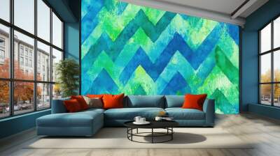 Ocean Geo Zigzag Pattern Blue Texture Artwork Green Ethnic Dye Brushstroke Sky Ink Batik Design Green Gradient Stripes Blue Tribal Print Green Dyed Texture Blue Ink Watercolor Effect Sea Grain Pri Wall mural