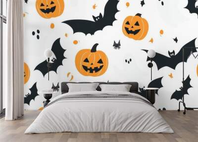 Seamless Halloween pattern featuring bats pumpkins and ghosts on a white background Wall mural