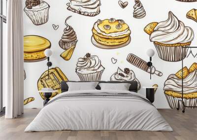 Seamless hand drawn doodle desserts including cupcakes cake pie and muffins Decorative birthday background featuring yellow white and brown tones Raster illustration Wall mural