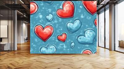 Seamless heart pattern on a blue background Wall mural