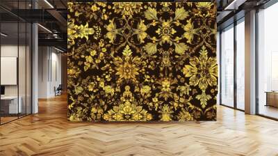 Seamless medieval floral royal pattern in a raster illustration Decorative symmetry with arabesque elements Suitable for greeting cards invitations or banners Features gold on brown yellow and gre Wall mural