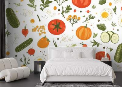 Seamless pattern featuring autumn vegetables including tomatoes and cucumbers along with scrambled eggs suitable for wrapping paper fabrics linens children s clothing kitchen textiles and fashion Wall mural