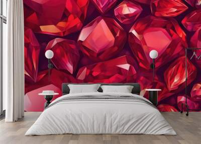 Seamless pattern featuring jewelry with a background of red gemstones in a low poly style Wall mural