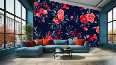 Seamless pattern featuring small red flowers bouquets and green branches against a deep blue background Watercolor design Wall mural