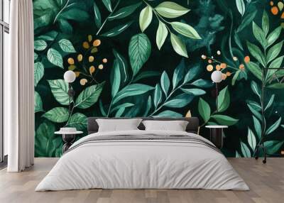 Seamless pattern featuring watercolor exotic plants and leaves on a dark green backdrop Wall mural