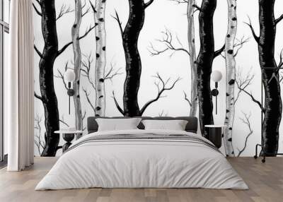 Seamless pattern of black and white dead birch or aspen trees in winter background Wall mural