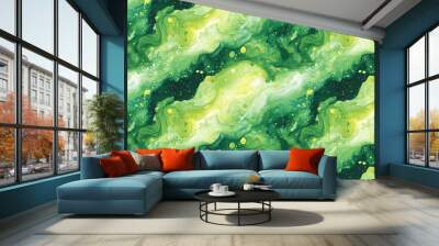 Seamless pattern of vibrant lime and olive marble ink designs featuring fluid effects and artistic green elements ideal for textile or wallpaper applications Wall mural