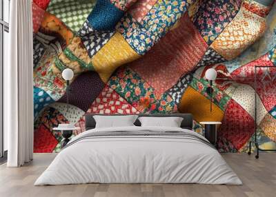 Seamless texture of patchwork quilt featuring a fabric design with a diagonal square pattern 3D illustration Wall mural