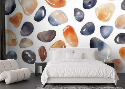 Seamless watercolor hand drawn pattern featuring illustrations of sea pebbles on a white background Wall mural