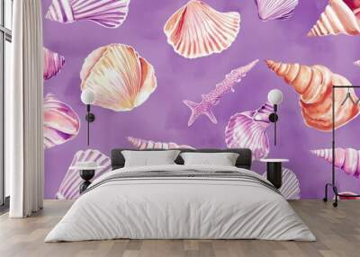 Seamless watercolor pattern featuring sea shells on a violet backdrop Wall mural