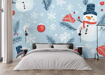 Seamless winter pattern featuring snowman fir branches and snowflakes Wall mural