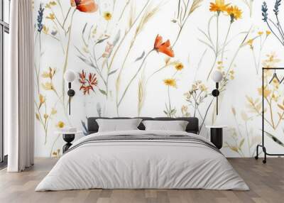 Snow dusted grass Wild flora with grasses Watercolor floral seamless design featuring bouquets of wildflowers such as poppy and chamomile Classic seamless watercolor pattern of botanical elements I Wall mural