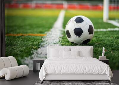 Soccer ball on field for kickoff or throw in with white line Wall mural