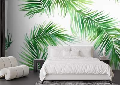 Stylish seamless watercolor pattern featuring tropical palm tree branches Illustration of exotic jungle plant foliage Trendy design of painted tropical leaves greenery Wall mural