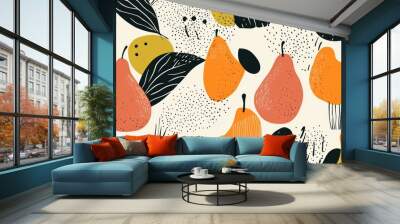 Trendy pear backgrounds with doodle fruits and abstract plant textures Contemporary fashion print featuring a seamless eco friendly pattern Wall mural