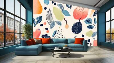 Trendy pear backgrounds with doodle fruits and abstract plant textures Contemporary fashion print featuring a seamless eco friendly pattern Wall mural