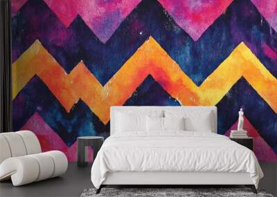 Vibrant chevron zigzag watercolor design Ethnic ikat motif with neon trendy colors Bright dark geometric watercolor pattern seamlessly repeated Wall mural