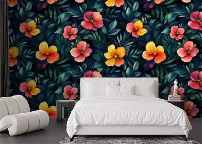 Vibrant watercolor floral pattern featuring colorful flowers and lush green leaves ideal for fabric design and home decor Wall mural