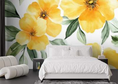 Vibrant watercolor pattern featuring large yellow flowers and leaves of a healing plant set against a white background Seamless spring design with a bold print Wall mural