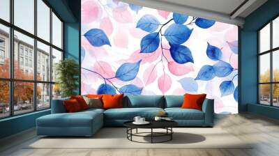 Watercolor and ink illustration of pink and blue tree leaves in a decorative style Natural background suitable for covers greeting cards invitations or textile prints Seamless pattern Wall mural