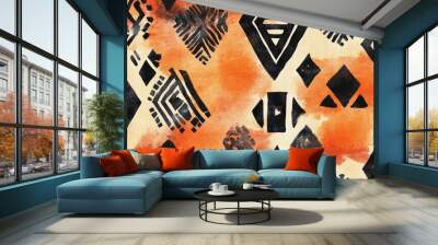 Watercolor design featuring orange and black tribal patterns Seamless bohemian geometric fabric texture Bohemian watercolor illustration with African tribal elements Wall mural