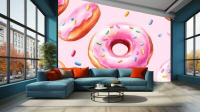 Watercolor donut with pink glaze and rainbow sugar sprinkles pattern Wall mural