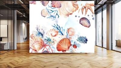 Watercolor summer beach frame featuring tropical seashell elements and underwater creatures such as mollusks cockleshells and scallops Illustration Wall mural