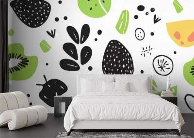 White black and green elements in a flat doodle style Raster illustration featuring a cute fabric pattern Seamless print design Wall mural