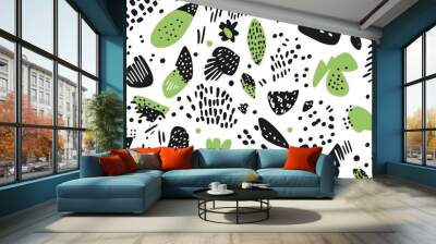 White black and green elements in a flat doodle style Raster illustration featuring a cute fabric pattern Seamless print design Wall mural