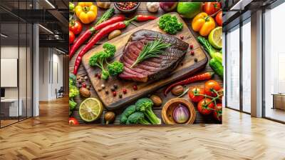 A delicious slice of meat on a wooden cutting board surrounded by tomatoes bell peppers broccoli chili peppers lemon and fresh herbs A colorful and appetizing display of fresh ingredients Wall mural