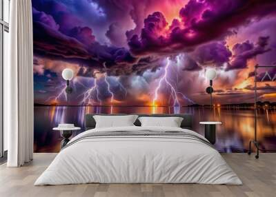 A dramatic lightning storm showcases bright flashes against a colorful sky above a serene lake with reflections creating a mesmerizing natural spectacle for viewers. Wall mural