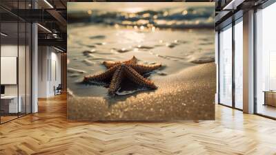 Abstract background with closeup starfish laying on sandy beach, ocean waves on sunny day with sunset light. Summer sea landscape wallpaper. Horizontal illustration for banner design. Generative AI. Wall mural