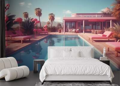 Abstract background with pink private villa or hotel exterior with pool, sunbeds with flamingos and palm trees. Summer resort wallpaper. Horizontal illustration for banner design. Generative AI. Wall mural