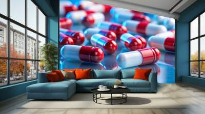 Red and white capsules scattered on a reflective blue surface showcasing different pills and tablets representing medication pharmaceuticals health Wall mural