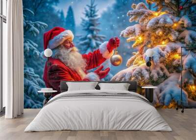 Santa claus decorating a christmas tree with baubles in a snowy european landscape creating a magical holiday spirit during winter this image captures the essence of traditional christmas celebrations Wall mural