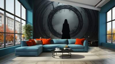 
A beautiful girl in the style of a witch in Gothic clothes with a staff against the background of the moon and candles. Night of the Witch or All Hallows' Eve. Concept: coven, mysticism, game charact Wall mural