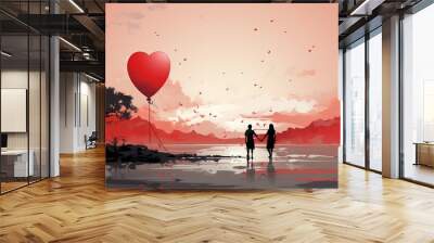 A couple in love walks with heart-shaped balloons in the sky. Concept: Valentine's day, lovers on a date
 Wall mural