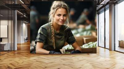 A female military volunteer collects food and equipment into boxes to be sent as humanitarian aid. Concept: organizing logistics and helping the army
 Wall mural