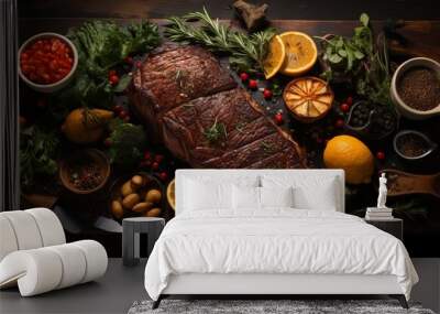 A large piece of pork roasted in the oven, a festive serving of food, sliced ​​steak. Protein-rich food, traditionally a festive dish for a feast	 Wall mural