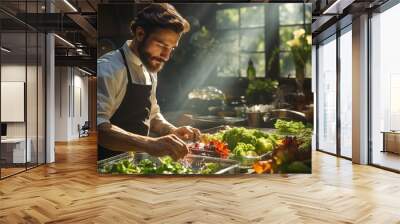 A professional chef in a chef's hat cooks in the kitchen, emotions of pleasure, bright kitchen, concept: the profession of a cook, cooking and food preparation training courses. generative ai
 Wall mural