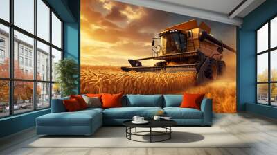 Agricultural combine for harvesting crops in the field. Concept: food supplies and world hunger problems, grain for export and import. Wall mural