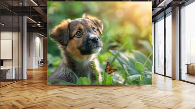 Australian Sheltie puppy looks at a butterfly.
Concept: nature and spiritual development, meditation, mental well-being and raising puppies. Wall mural