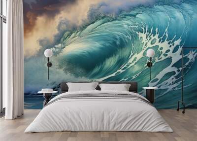 Big wave in the ocean. Raging sea, surfing wave. Landscape of a water whirlpool. Concept: Dangers on the water, powerful water energy Wall mural