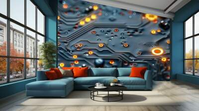 Blue PCB with dedicated copper traces and solder points. Concept: presentations of educational materials on electronics and component technologies. Wall mural