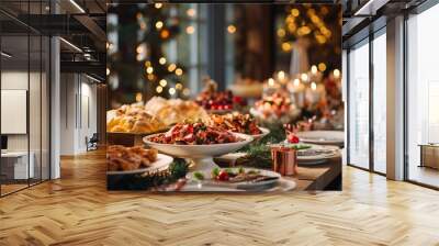 Christmas dinner table full of dishes with food and snacks, New Year's decor with a Christmas tree in the background. Buffet or catering concept. Wall mural