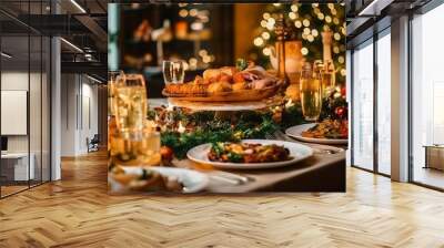 Christmas Dinner table full of dishes with food and snacks, New Year's decor with a Christmas tree on the background.
Generative AI Wall mural