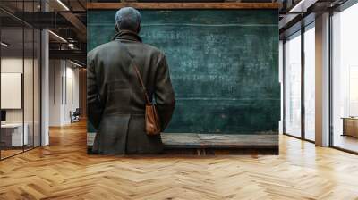 Confident man on the background of a school board with a world map, a symbol of an experienced teacher or expert in the field of geography.
Concept: educational resources, promotional materials for ed Wall mural