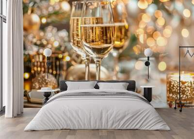 glasses of champagne decorated with Christmas elements and sparkles, against a background of holiday lights and Christmas tree decorations.
Concept: Festive mood, New Year, celebration, party Wall mural